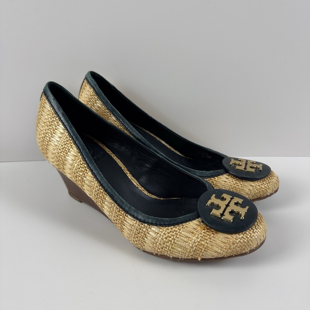 Tory Burch Sally Raffia Wedge Pumps Beige Straw Leather Logo Sz 7